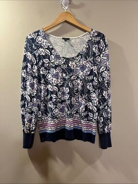 Talbots Navy Floral Scoop Neck Long Sleeve Tee